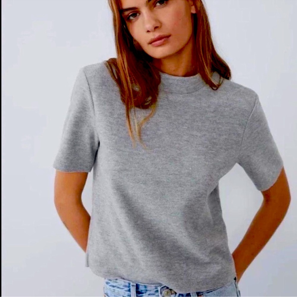 ZARA women's size S soft Mock Neck  Short Sleeve Top Gray t-shirt/sweater